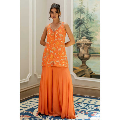 Paulmi & Harsh Women Orange Chiniya Silk V-Neck Kurta with Palazzo