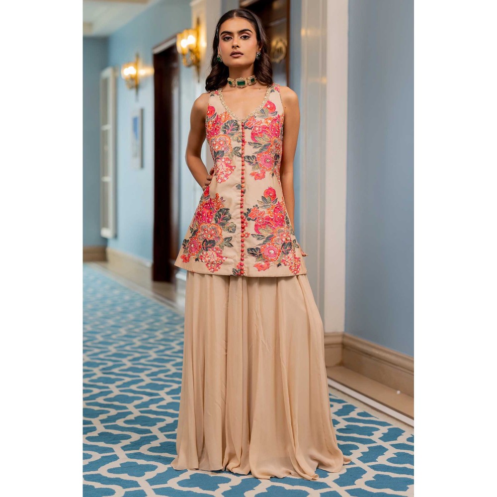 Paulmi & Harsh Women Pink Chiniya Silk V-Neck Kurta with Palazzo