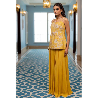 Paulmi & Harsh Women Yellow Georgette Shoulder Straps Kurta with Palazzo
