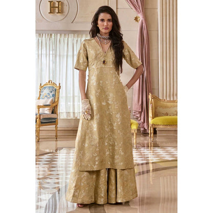 Paulmi & Harsh Women Beige Jacquard V-Neck Kurta with Palazzo