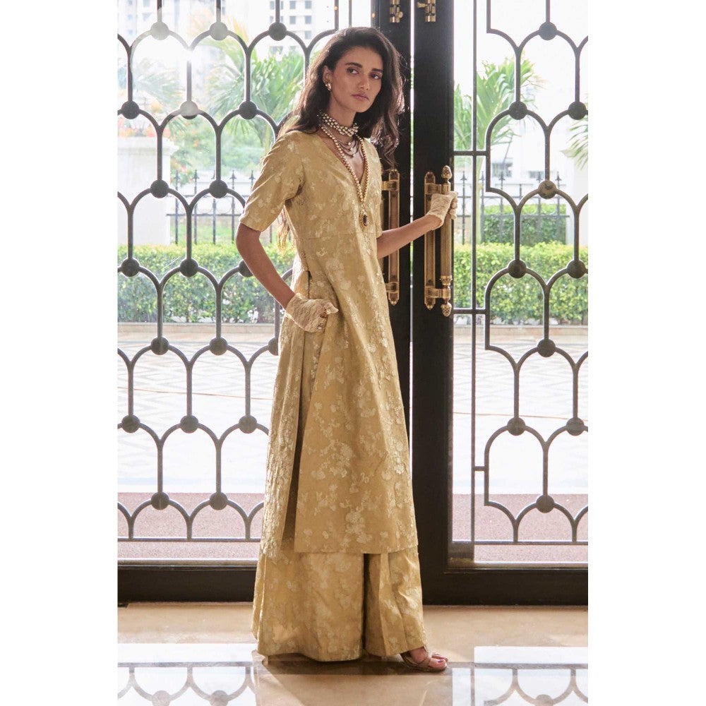 Paulmi & Harsh Women Beige Jacquard V-Neck Kurta with Palazzo