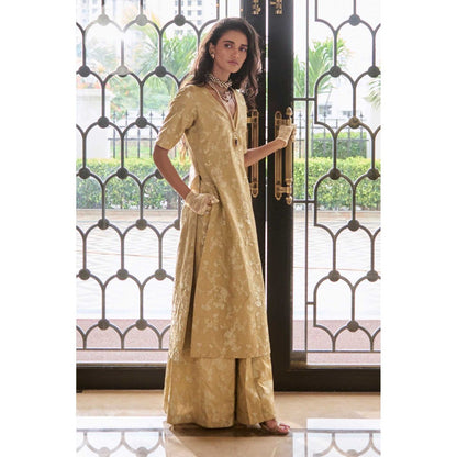 Paulmi & Harsh Women Beige Jacquard V-Neck Kurta with Palazzo