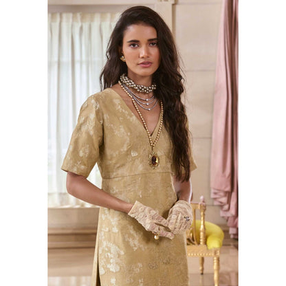 Paulmi & Harsh Women Beige Jacquard V-Neck Kurta with Palazzo