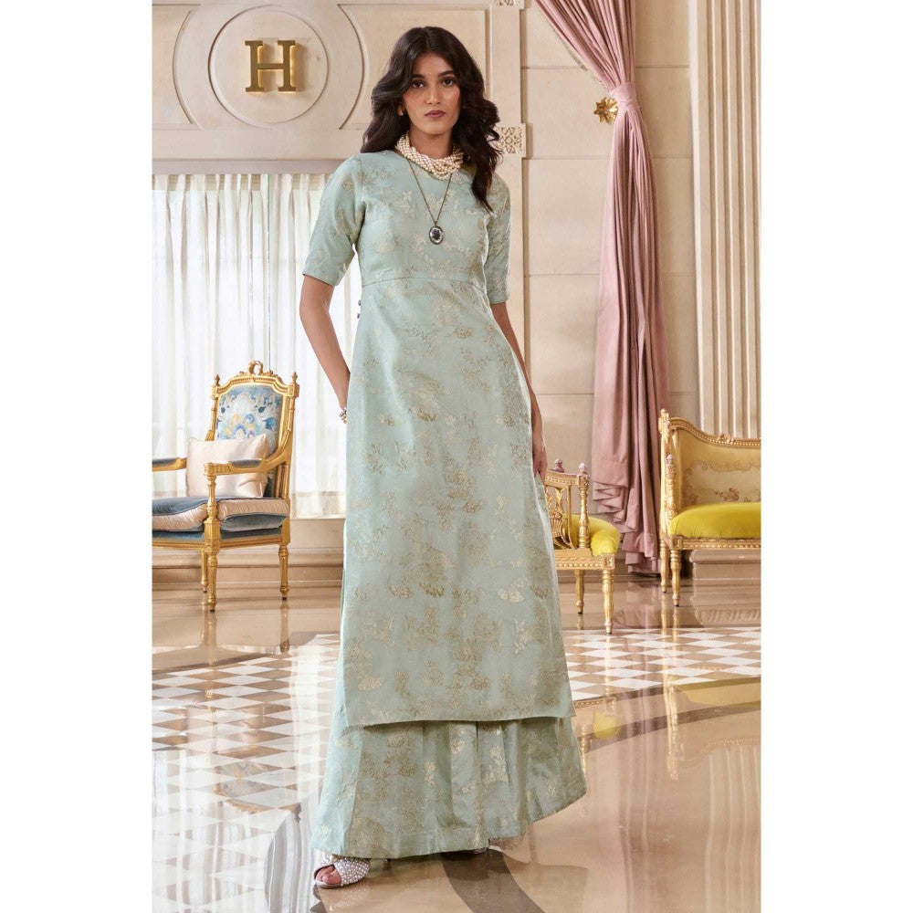 Paulmi & Harsh Women Green Jacquard Round Neck Kurta with Palazzo