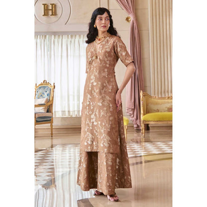 Paulmi & Harsh Women Brown Silk V-Neck Kurta with Palazzo