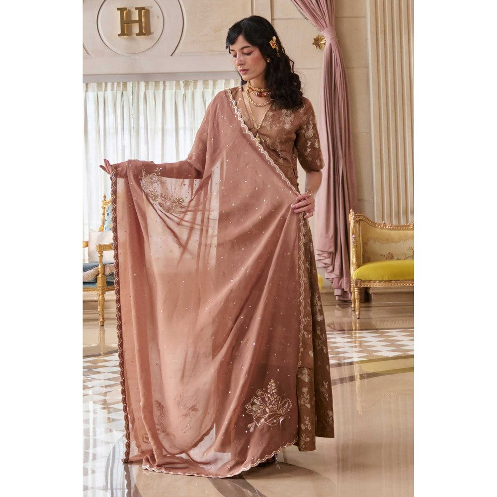 Paulmi & Harsh Women Brown Silk V-Neck Kurta with Palazzo and Dupatta