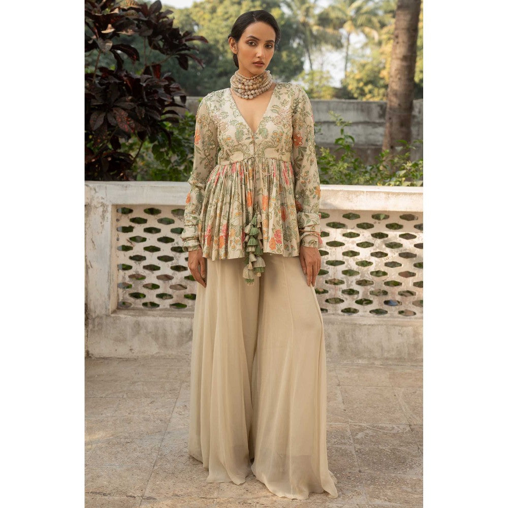 Paulmi & Harsh Women Ivory Chiniya Silk V-Neck Kurta with Palazzo