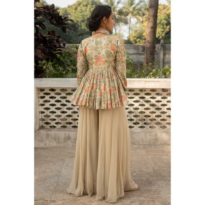 Paulmi & Harsh Women Ivory Chiniya Silk V-Neck Kurta with Palazzo