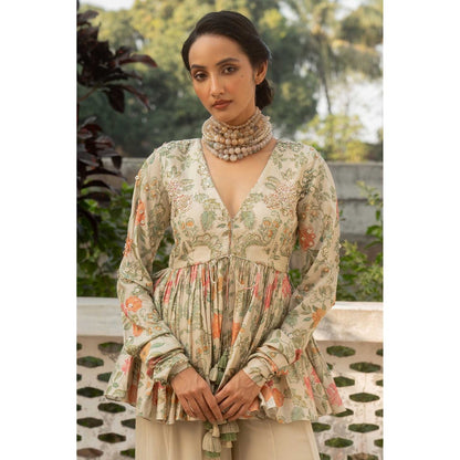 Paulmi & Harsh Women Ivory Chiniya Silk V-Neck Kurta with Palazzo