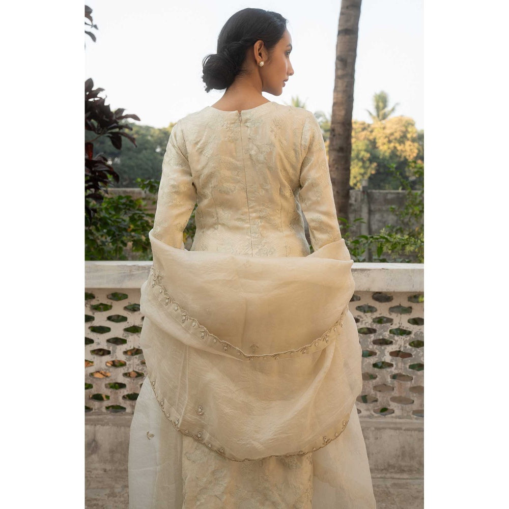 Paulmi & Harsh Women Ivory Jacquard V-Neck Kurta with Pant and Dupatta