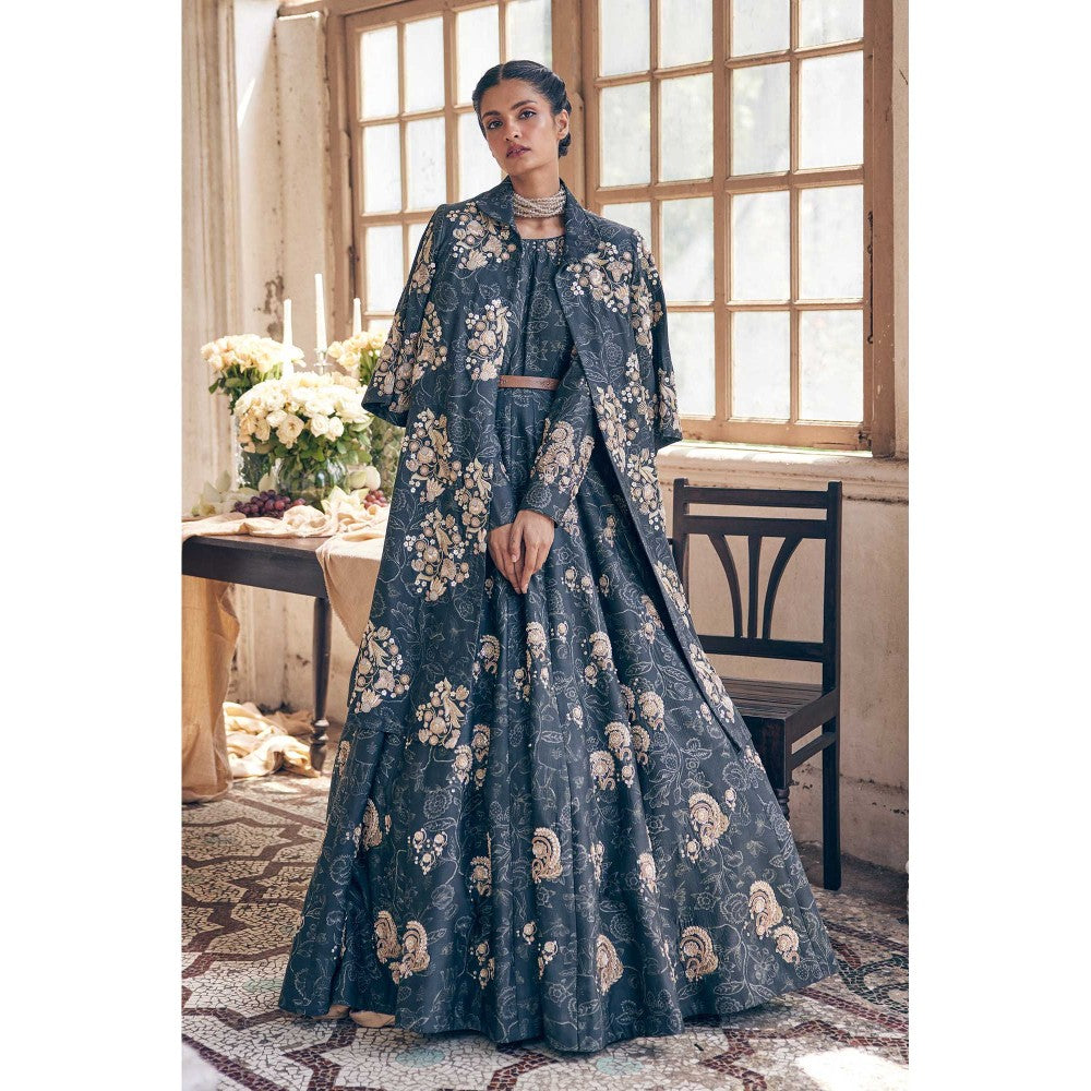 Paulmi & Harsh Women Black Chiniya Silk Round Neck Anarkali Kurta with Jacket