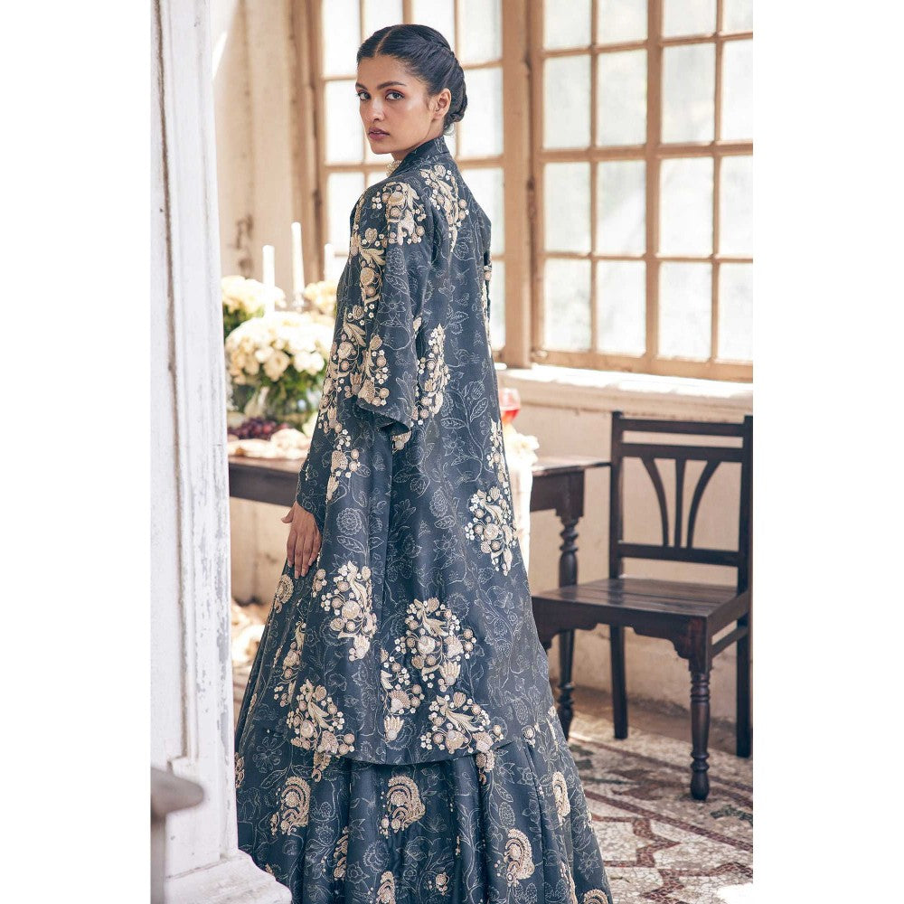 Paulmi & Harsh Women Black Chiniya Silk Round Neck Anarkali Kurta with Jacket