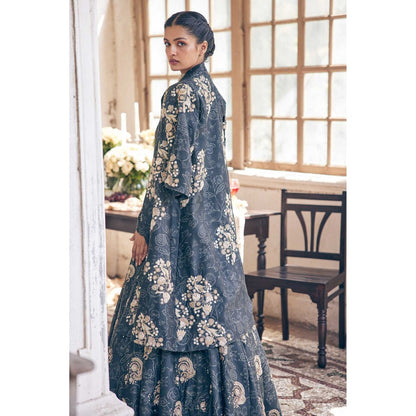 Paulmi & Harsh Women Black Chiniya Silk Round Neck Anarkali Kurta with Jacket