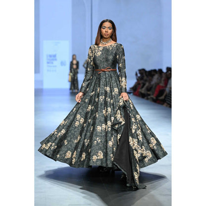 Paulmi & Harsh Women Black Chiniya Silk Round Neck Anarkali Kurta with Jacket