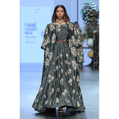 Paulmi & Harsh Women Black Chiniya Silk Round Neck Anarkali Kurta with Jacket