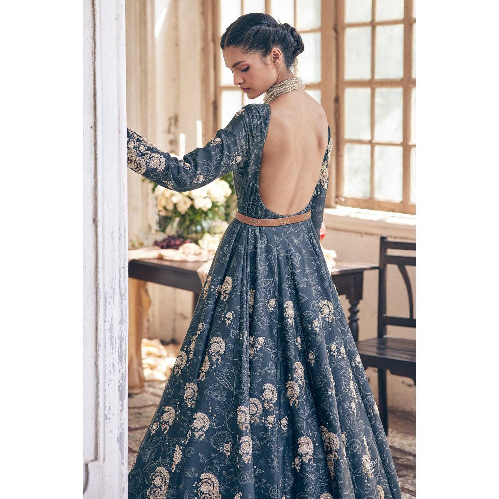 Paulmi & Harsh Women Black Chiniya Silk Round Neck Anarkali Kurta with Jacket
