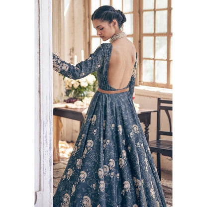 Paulmi & Harsh Women Black Chiniya Silk Round Neck Anarkali Kurta with Jacket