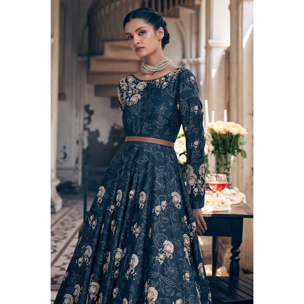 Paulmi & Harsh Women Black Chiniya Silk Round Neck Anarkali Kurta with Jacket