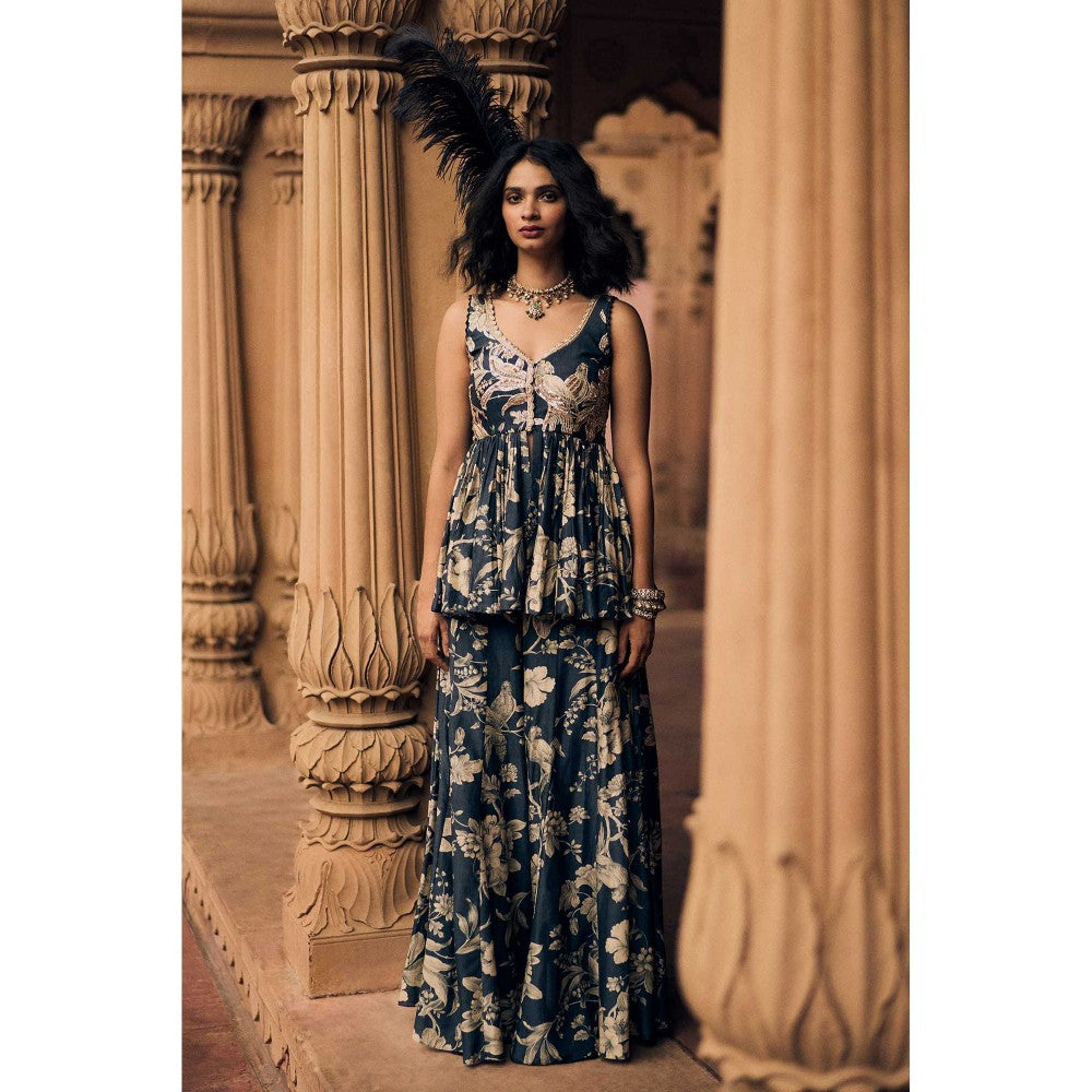 Paulmi & Harsh Women Navy Blue Chiniya Silk V-Neck Kurta with Palazzo