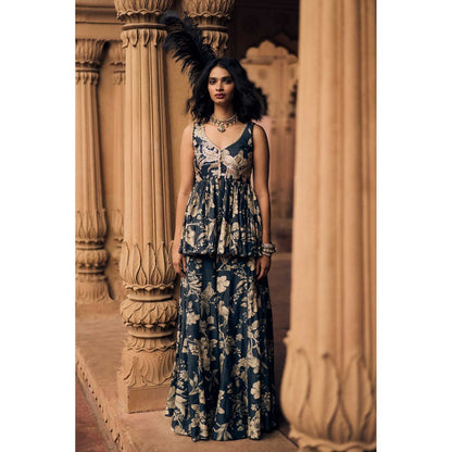 Paulmi & Harsh Women Navy Blue Chiniya Silk V-Neck Kurta with Palazzo