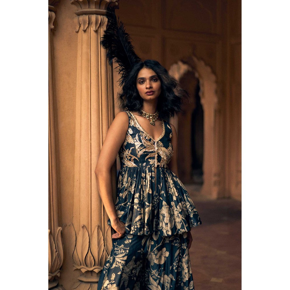 Paulmi & Harsh Women Navy Blue Chiniya Silk V-Neck Kurta with Palazzo