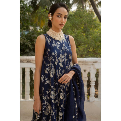 Paulmi & Harsh Women Blue Jacquard Round Neck Kurta with Pants and Dupatta