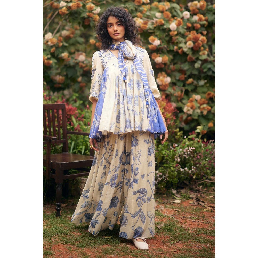 Paulmi & Harsh Women Off White Chanderi Round Neck Kurta with Palazzo and Scaff
