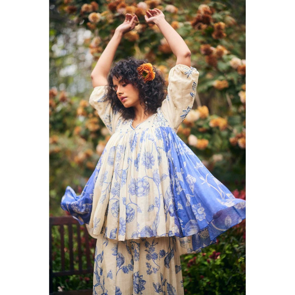 Paulmi & Harsh Women Off White Chanderi Round Neck Kurta with Palazzo and Scaff