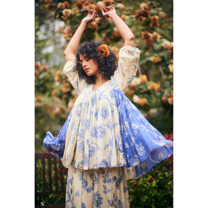 Paulmi & Harsh Women Off White Chanderi Round Neck Kurta with Palazzo and Scaff