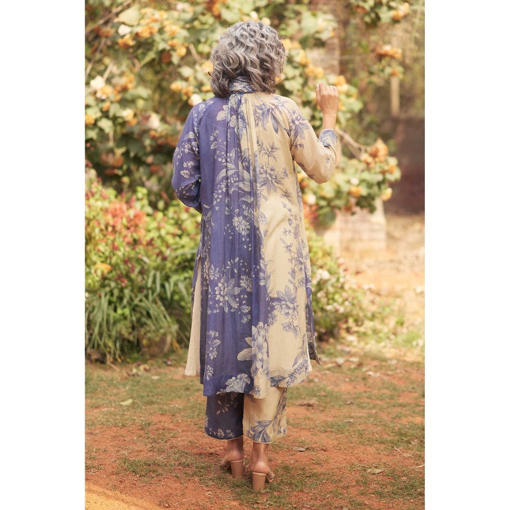 Paulmi & Harsh Women Purple Chanderi Mandarin Neck Kurta with Pant, Slip, Scaff