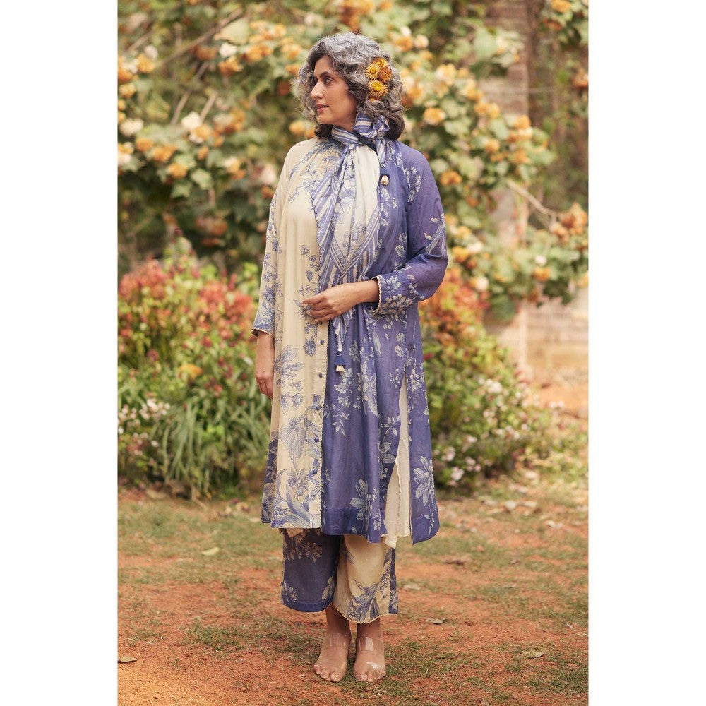 Paulmi & Harsh Women Purple Chanderi Mandarin Neck Kurta with Pant, Slip, Scaff