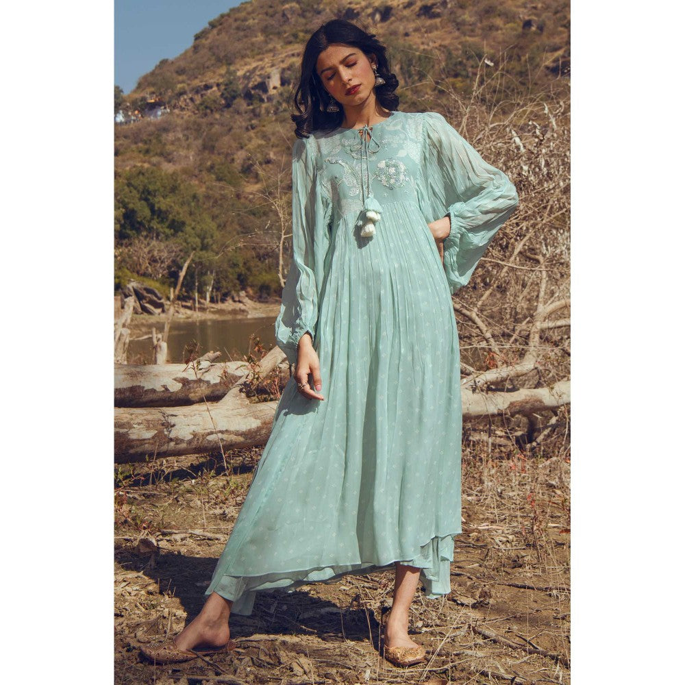 Paulmi & Harsh Ashley Blue Round Neck Maxi Dress