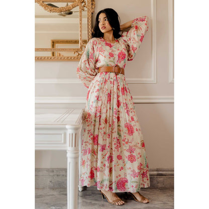 Paulmi & Harsh Haya Off White Printed Maxi Dress With Inner