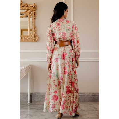Paulmi & Harsh Haya Off White Printed Maxi Dress With Inner