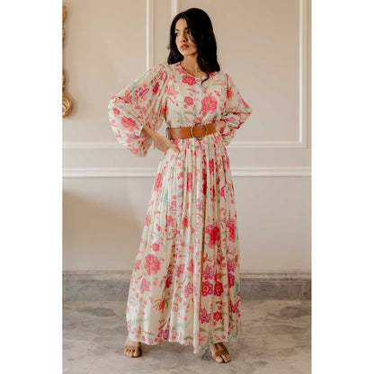 Paulmi & Harsh Haya Off White Printed Maxi Dress With Inner