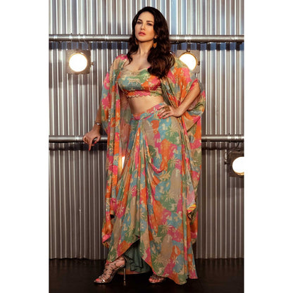 Paulmi & Harsh Multi Coloured Jacket With Crop Top, Drape Skirt And Belt