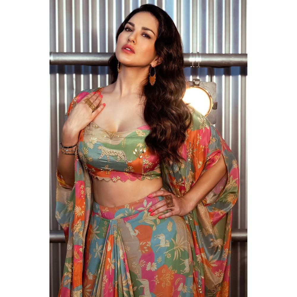 Paulmi & Harsh Multi Coloured Jacket With Crop Top, Drape Skirt And Belt