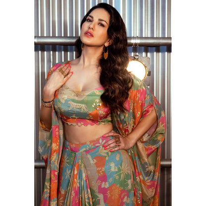 Paulmi & Harsh Multi Coloured Jacket With Crop Top, Drape Skirt And Belt