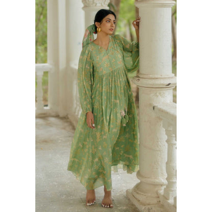 Paulmi & Harsh Lindy Green Printed Embellished Maxi Dress