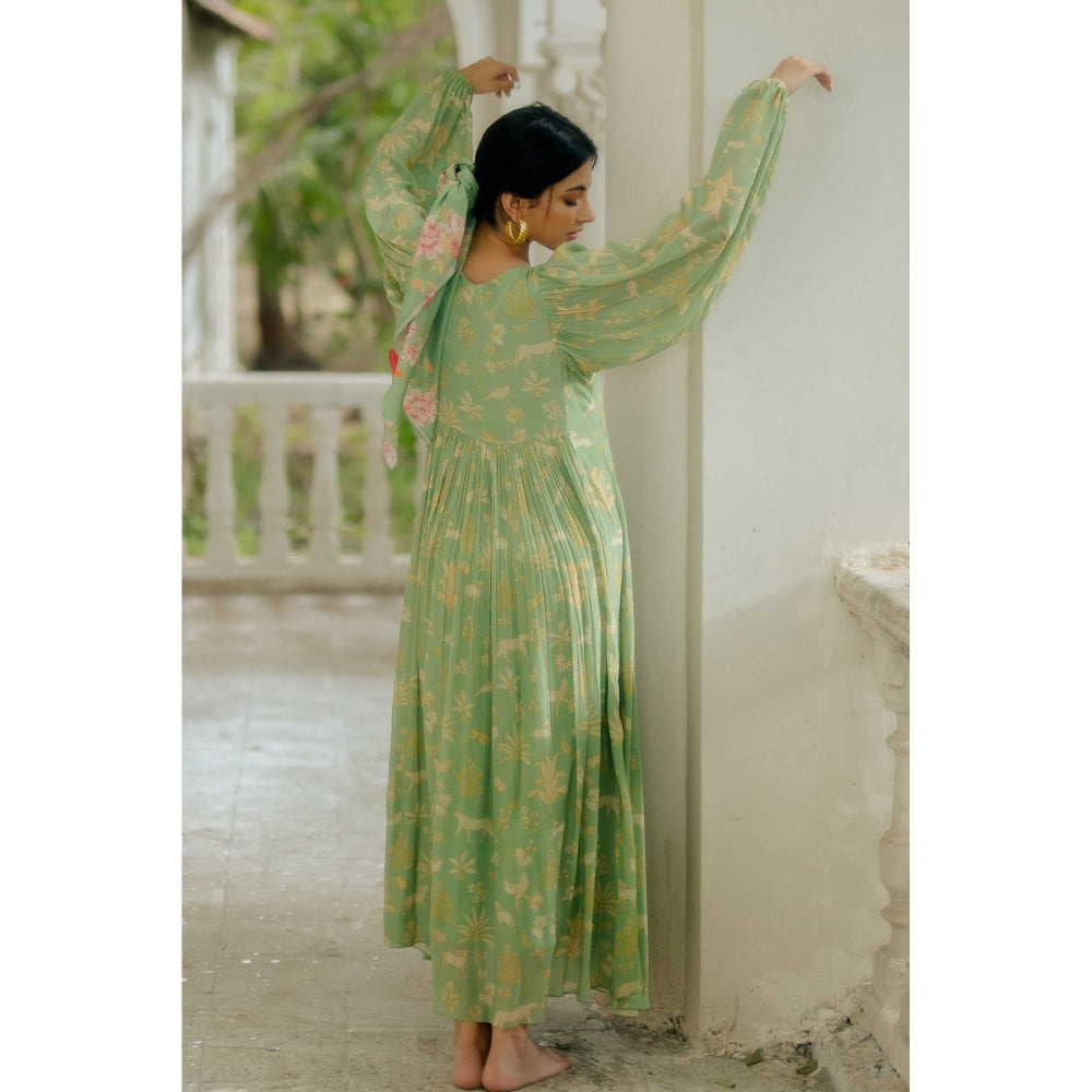 Paulmi & Harsh Lindy Green Printed Embellished Maxi Dress