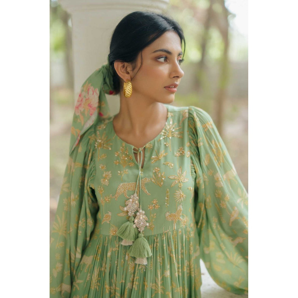 Paulmi & Harsh Lindy Green Printed Embellished Maxi Dress