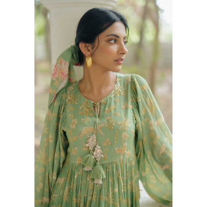 Paulmi & Harsh Lindy Green Printed Embellished Maxi Dress
