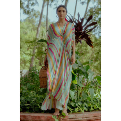 Paulmi & Harsh Jemimah Multi Coloured Striped Kaftan Dress With Slip