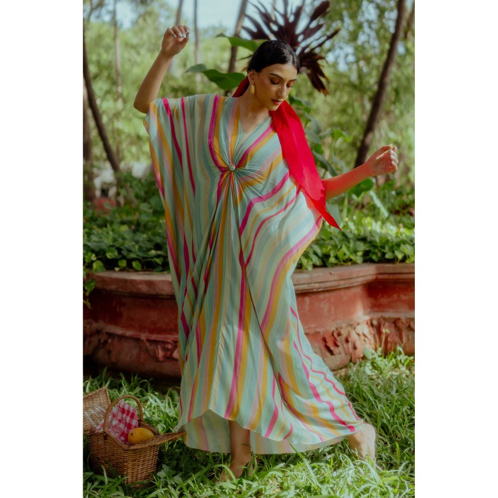 Paulmi & Harsh Jemimah Multi Coloured Striped Kaftan Dress With Slip