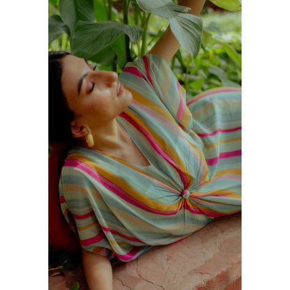 Paulmi & Harsh Jemimah Multi Coloured Striped Kaftan Dress With Slip