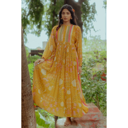 Paulmi & Harsh Serena Yellow Naksha Printed Maxi Dress