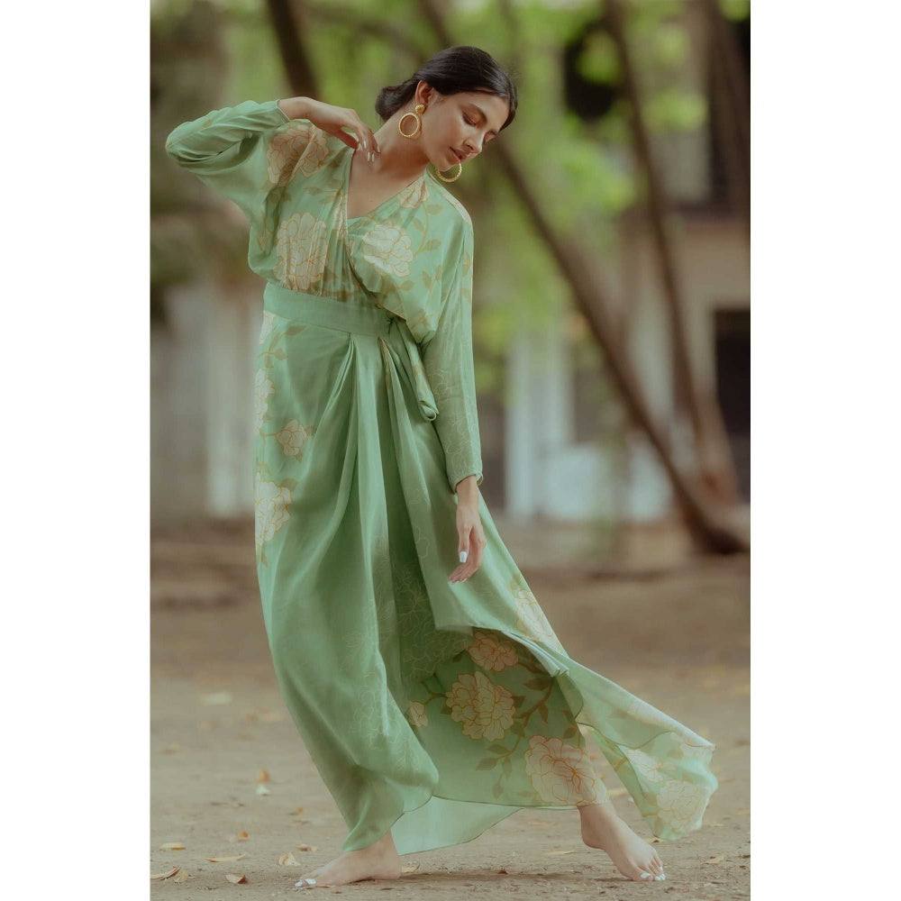 Paulmi & Harsh Carol Green A Line Maxi Dress With Slip