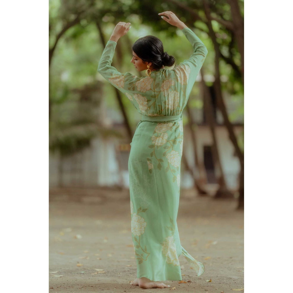 Paulmi & Harsh Carol Green A Line Maxi Dress With Slip