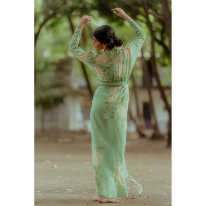 Paulmi & Harsh Carol Green A Line Maxi Dress With Slip