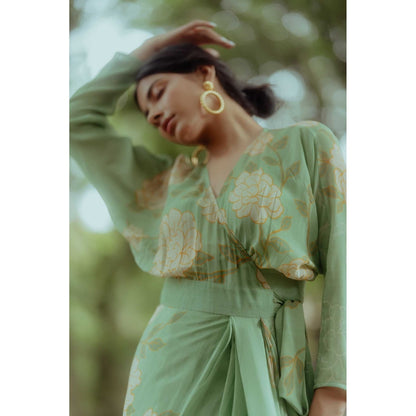 Paulmi & Harsh Carol Green A Line Maxi Dress With Slip